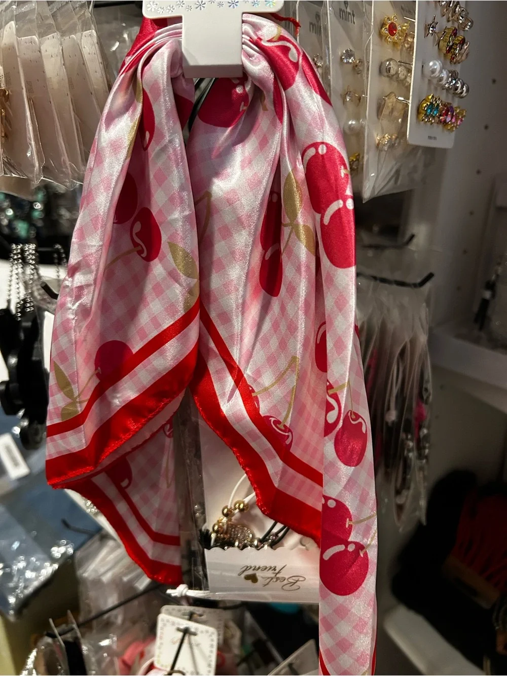 Silky Cherry Print Hair Scarf - Red & White